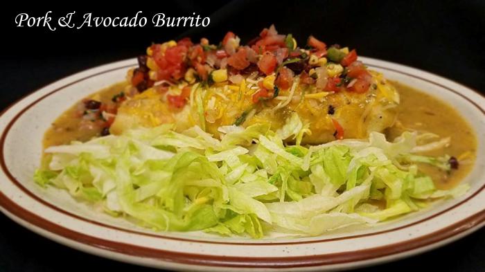 Pork & Avocado Burrito on Restaurant Menu at Three Sisters Tavern and Grill